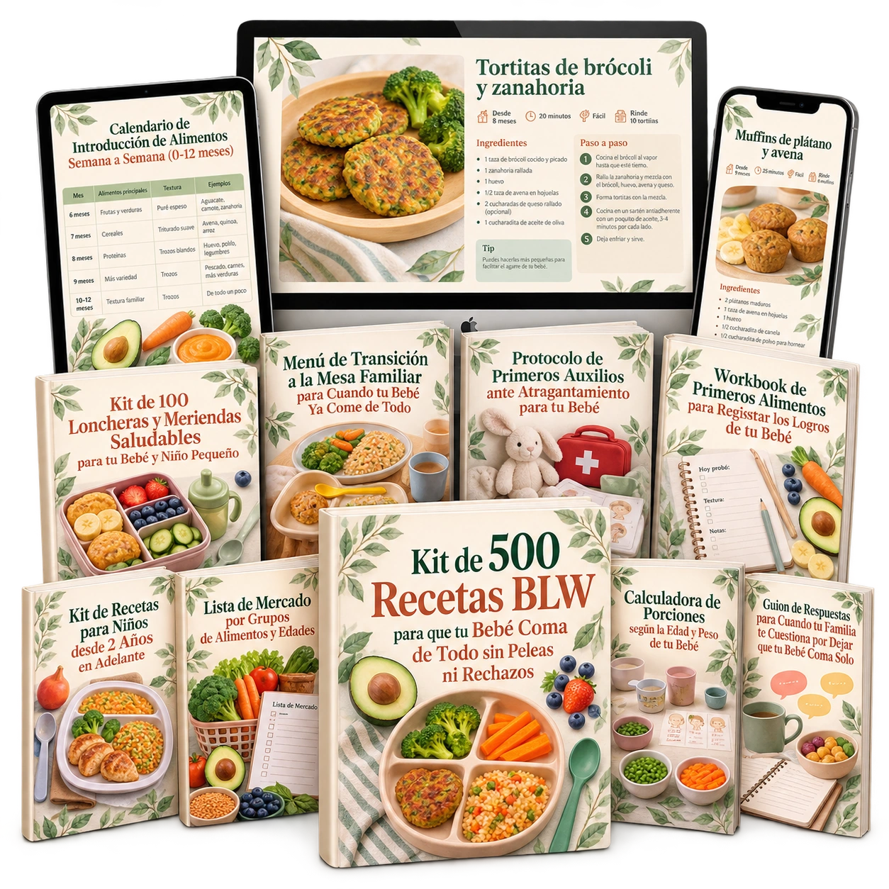 Kit de 500 Recetas BLW junto a sus nueve bonos mostrados en libros y pantallas