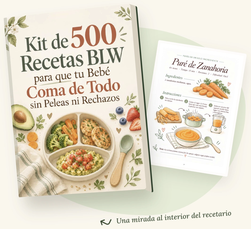 Kit de 500 Recetas BLW para que tu Bebé Coma de Todo sin Peleas ni Rechazos: portada original junto a una receta del interior