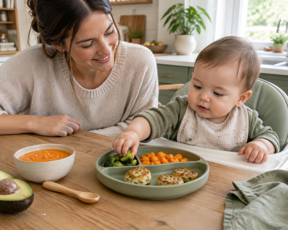 Una madre acompaña a su bebé mientras explora un plato de vegetales y bocados blandos